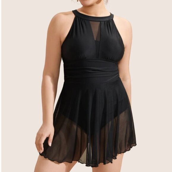 BloomChic Plus Size Knotted Back Mesh Insert Halter Swim Dress 2XL - Picture 2 of 5